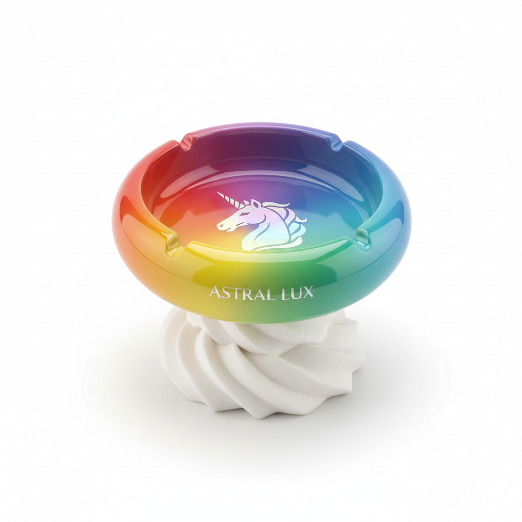 Rainbow ashtray with unicorn branding