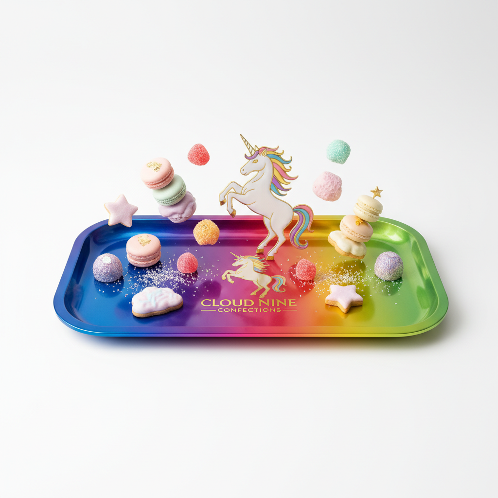 Rainbow rolling tray with unicorn branding